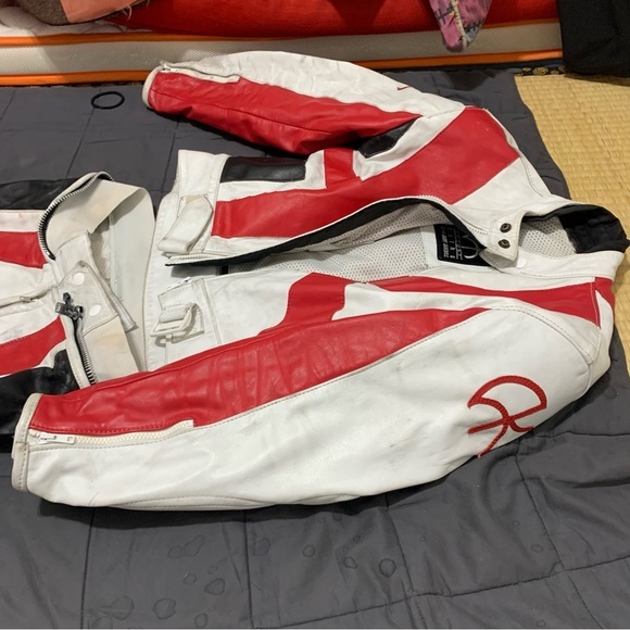 Women’s White red protective gear Akoury leather biker suit with protection 2 pc - Picture 8 of 17